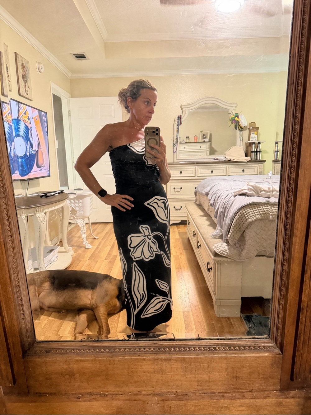 Black Asymmetrical Maxi Dress with White Floral Print